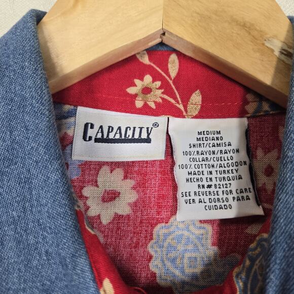 VTG Capacity Top Shirt Shacket M Red Blue Paisley Floral Mixed Denim Collar - Picture 12 of 16